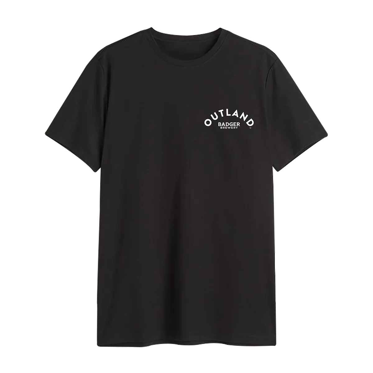 Front of the black Outland t-shirt with a small Outland Badger Brewery chest logo