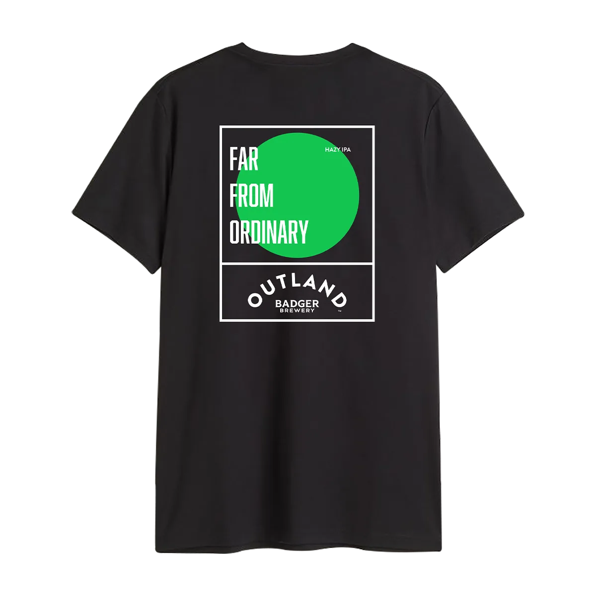 Back of the black Outland t-shirt with a Far From Ordinary print and green circle graphic