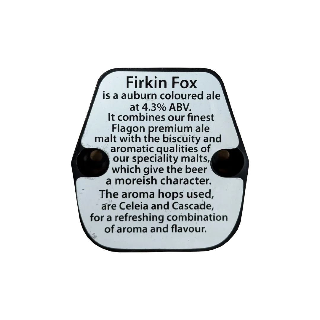 Back of the Badger Firkin Fox pump clip listing the 4.3% ABV and tasting notes