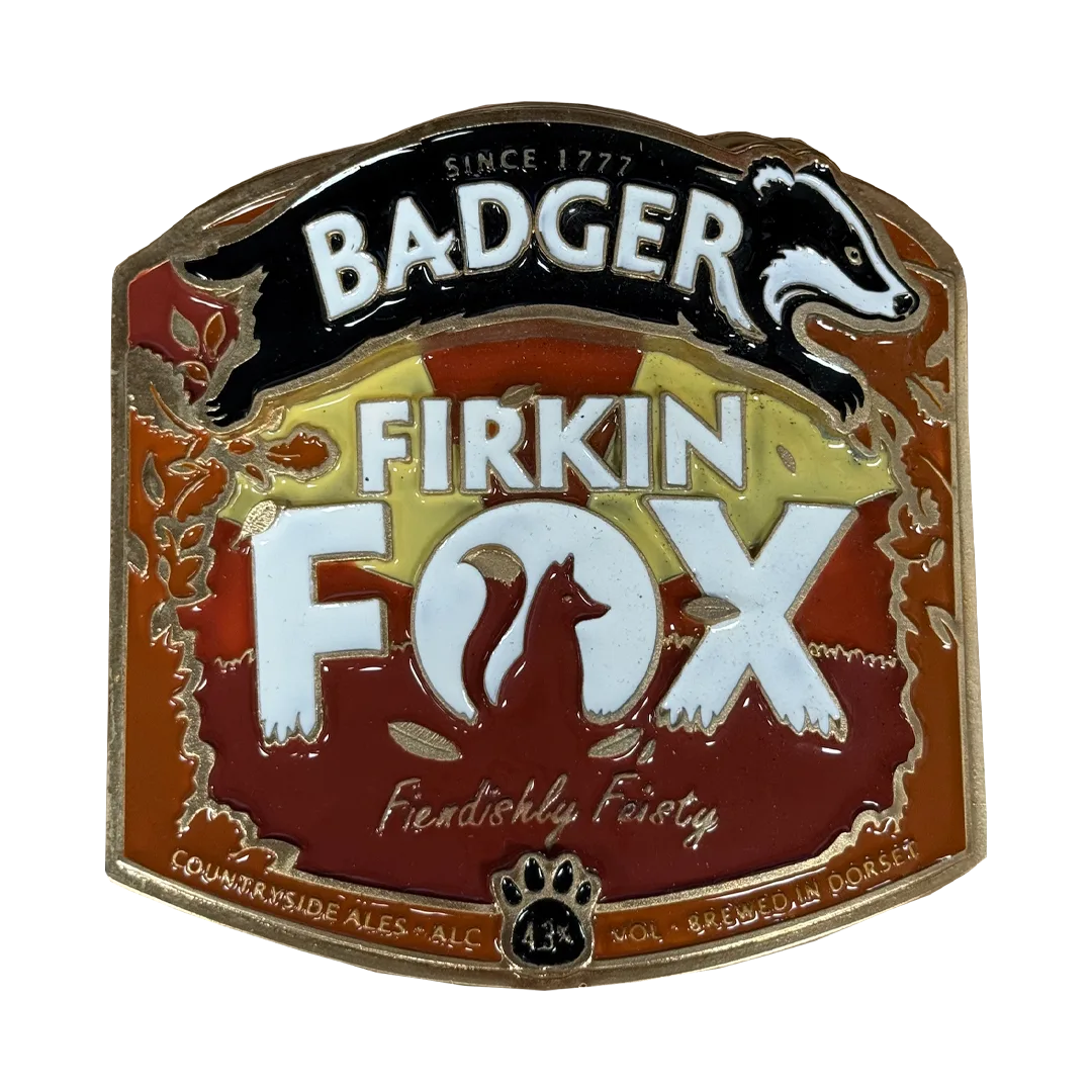 Front of the Badger Firkin Fox pewter pump clip with fox artwork and Fiendishly Fruity strapline