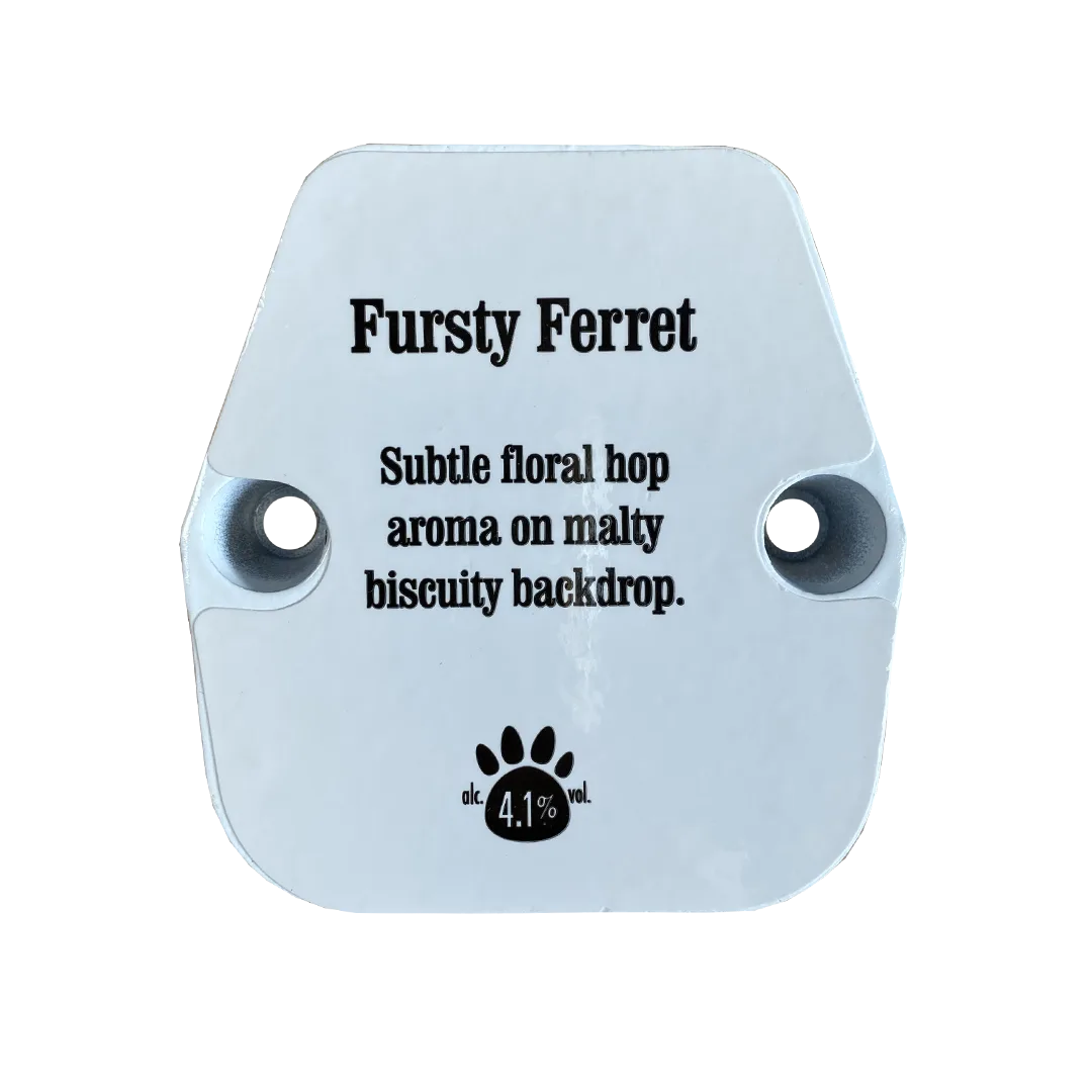 Back of the Fursty Ferret pump clip describing its floral hop aroma and biscuity malt backdrop