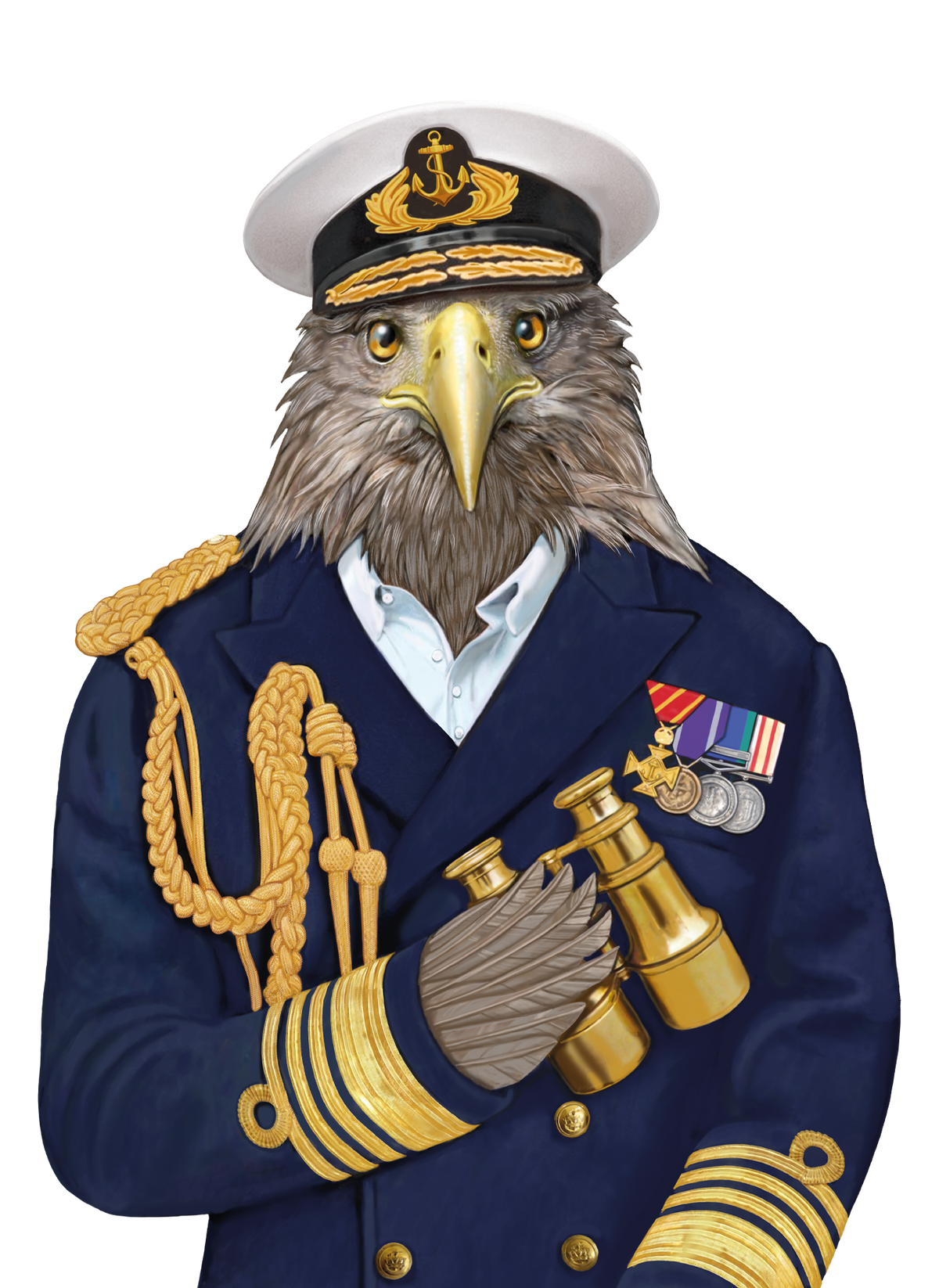 Badger Goldern Glory character - a stylized eagle dressed as a naval officer, wearing a navy blue uniform with gold trim, a white captain's hat, and gold binoculars