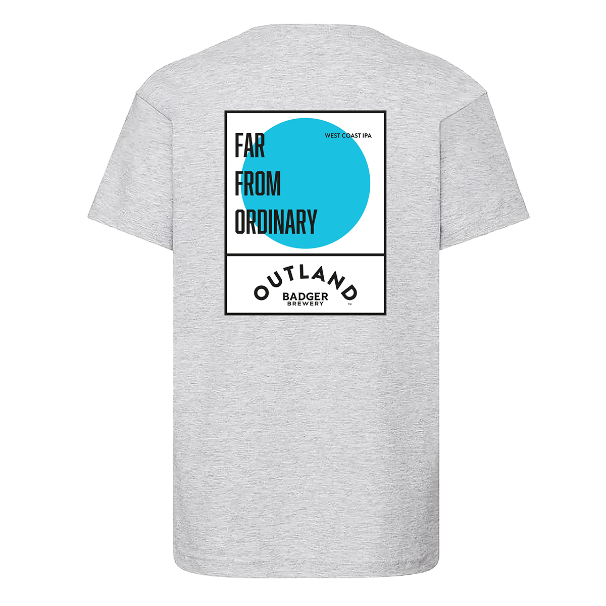 Back of the grey Outland t-shirt with a Far From Ordinary print and blue circle graphic