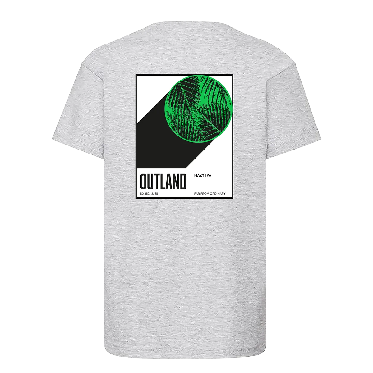 Back of the grey Outland t-shirt with a green and black Outland graphic print