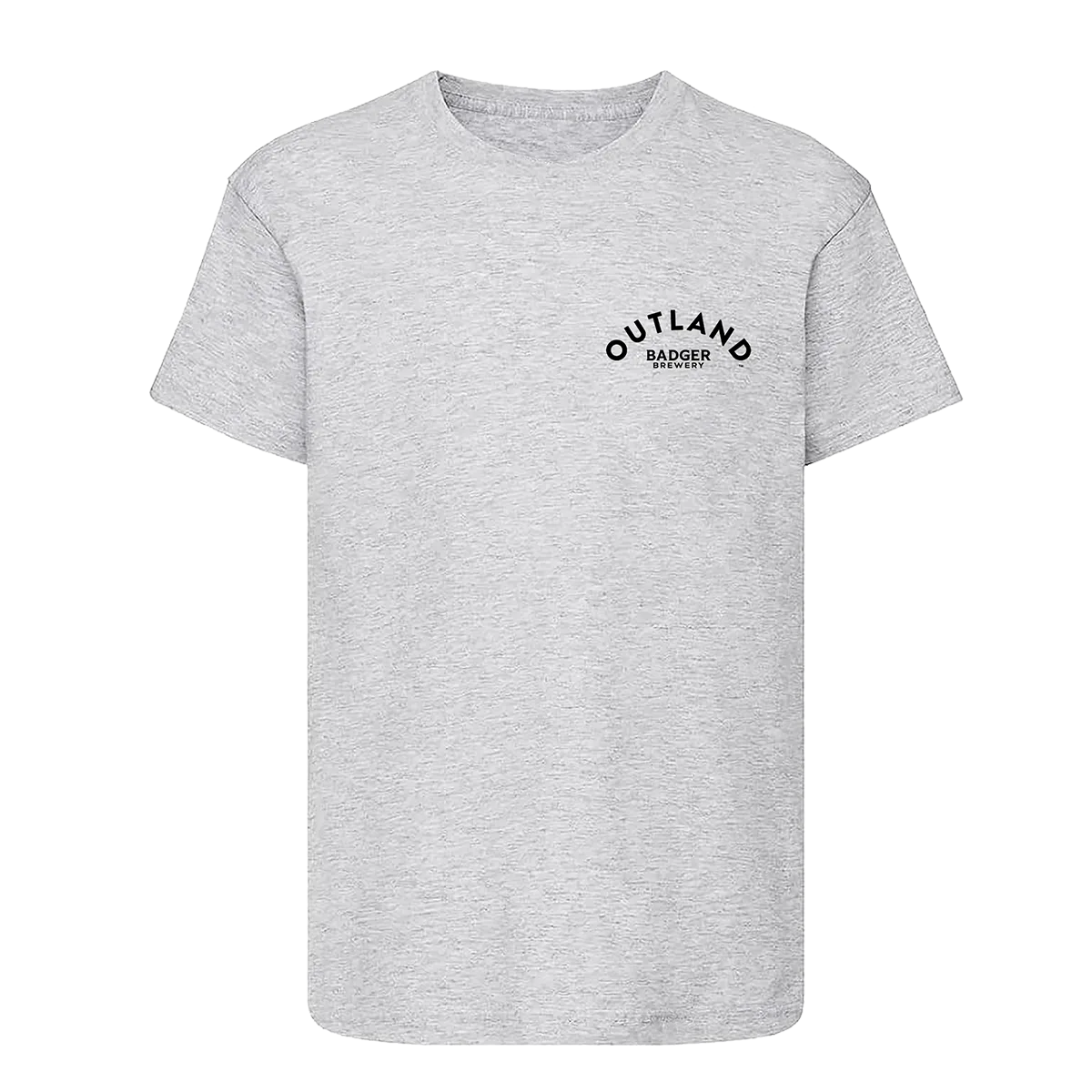 Front of the grey Outland t-shirt with a small Outland Badger Brewery chest logo