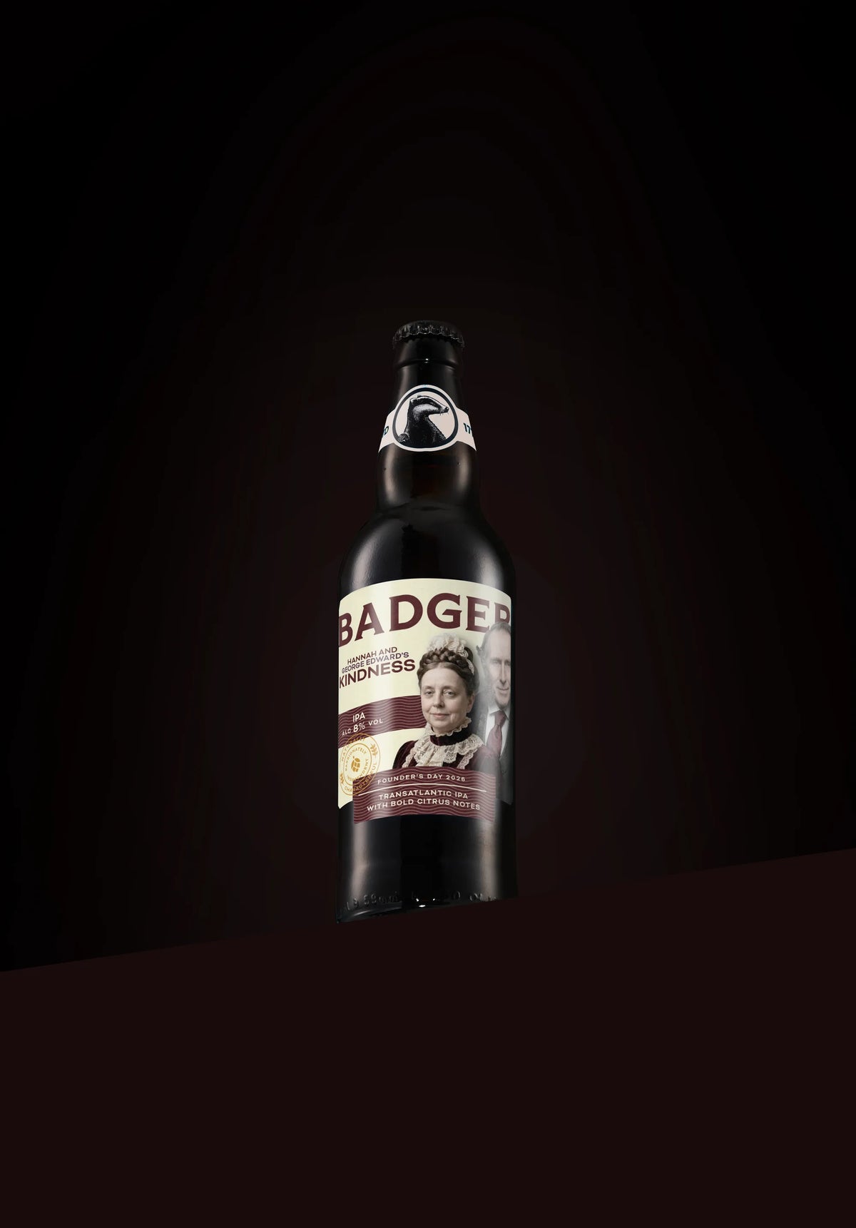 Bottle of Badger Hannah and George Edward's Kindness IPA lit against a black background