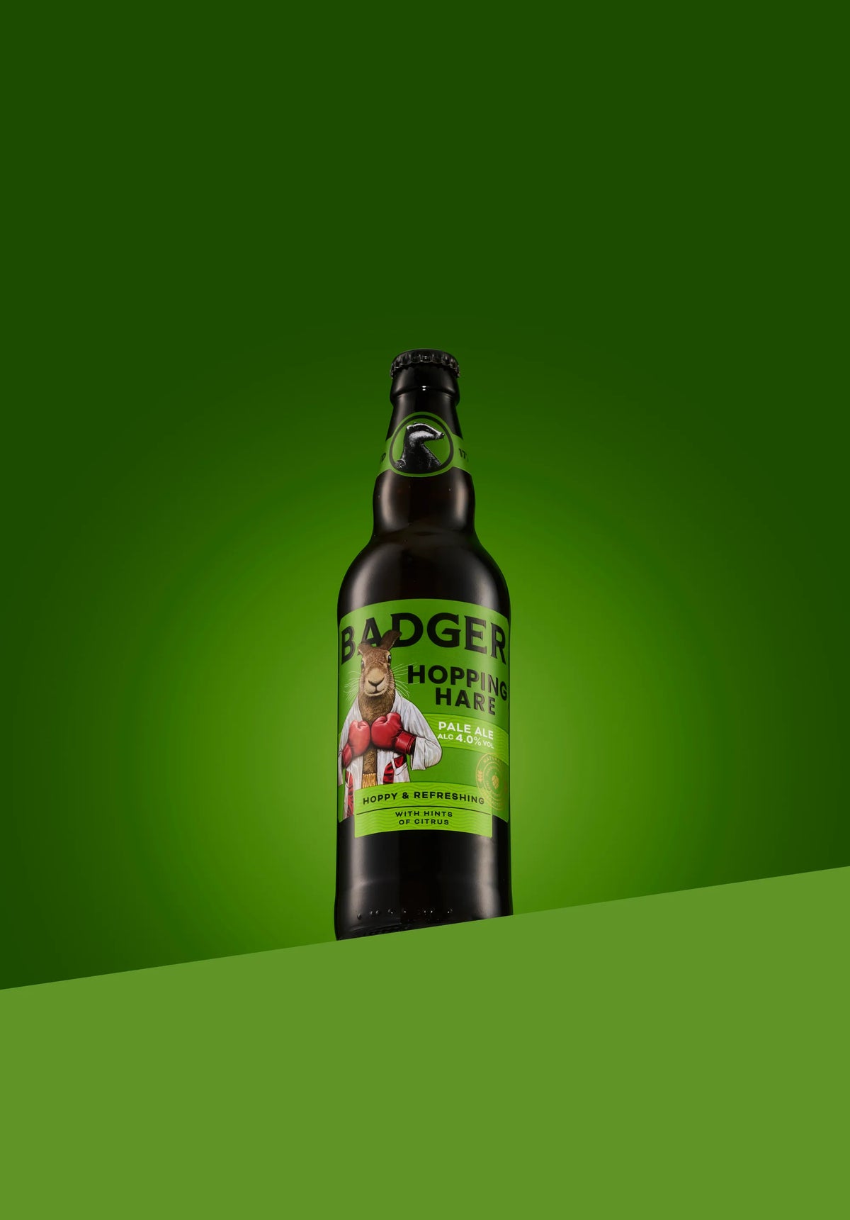 Bottle of Badger Hopping Hare pale ale on a green background