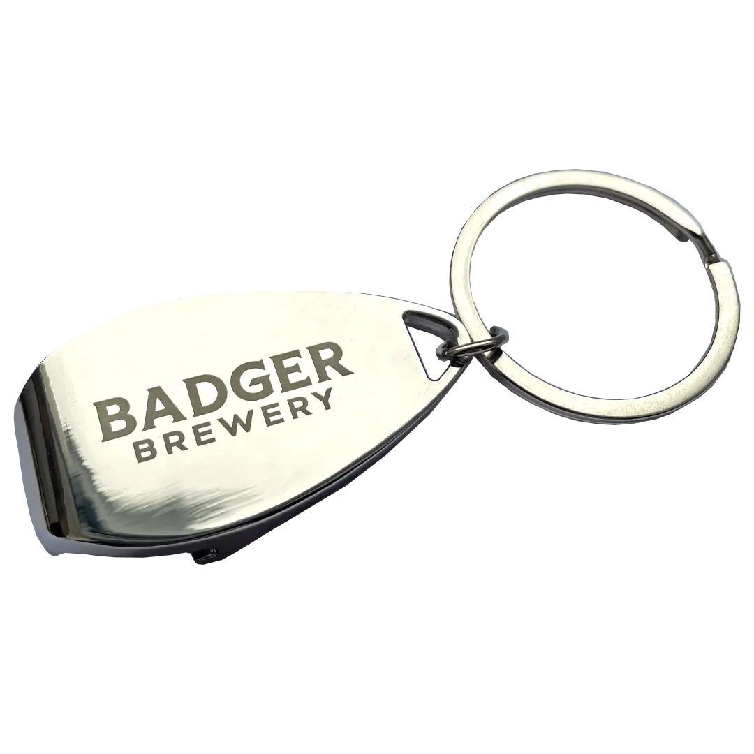 Badger Brewery mirrored key ring and bottle opener with a split ring, front face