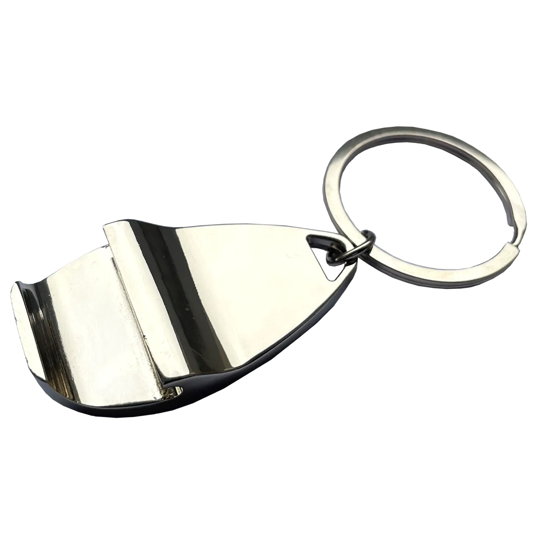 Reverse of the Badger mirrored key ring showing the bottle opener notch