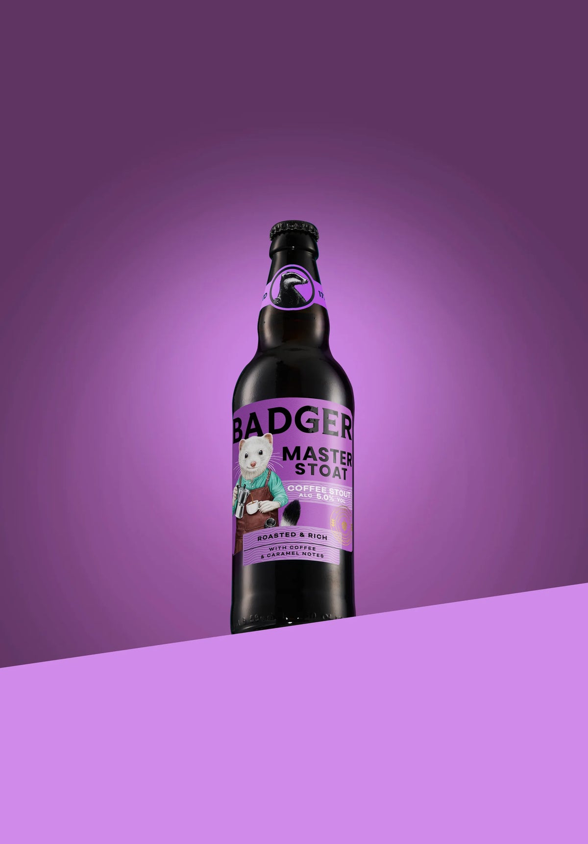Bottle of Badger Master Stoat coffee stout on a purple background