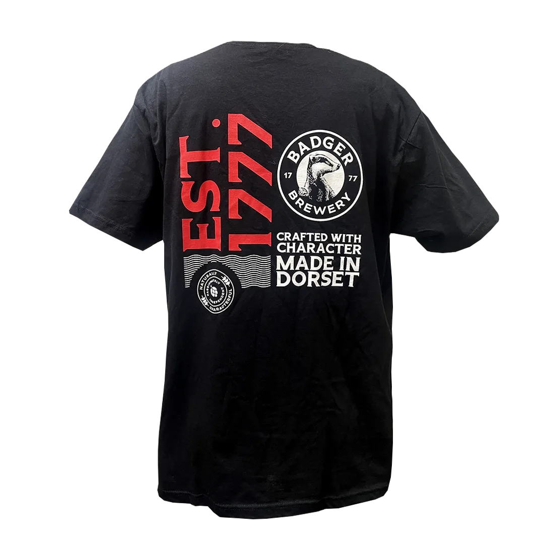 Back of the black Badger Est. 1777 t-shirt printed with Crafted with Character, Made in Dorset