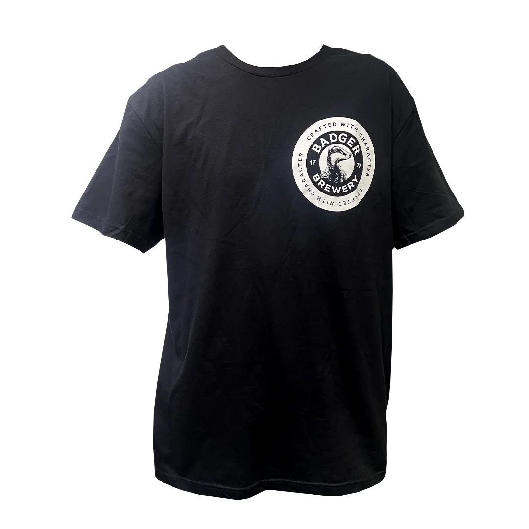 Front of the black Badger Est. 1777 t-shirt with the badger roundel logo on the chest