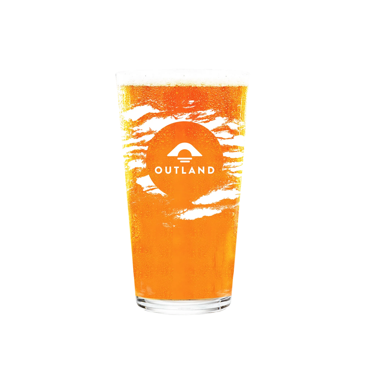 Outland half pint glass filled with pale beer, printed with the Outland mountain logo