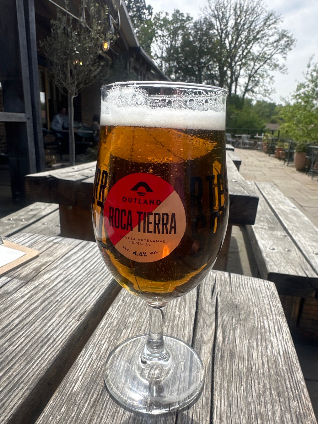 Glass of Outland Roca Tierra on grey wooden table outdoors in beer garden, with trees in background