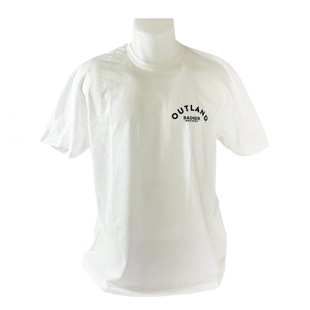 Front of the white Outland t-shirt with a small black Outland chest logo