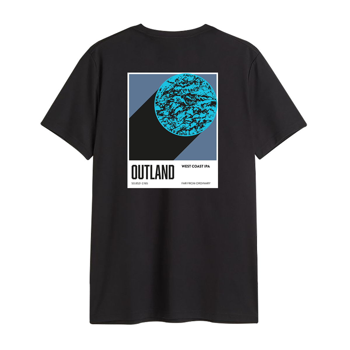 A black short-sleeve Outland t-shirt shown from the back, featuring a large graphic print on the center back. The graphic contains a bright blue textured circle on a slate blue and black geometric background, with the word Outland, West Coast IPA, Far From Ordinary, and smaller text below it.