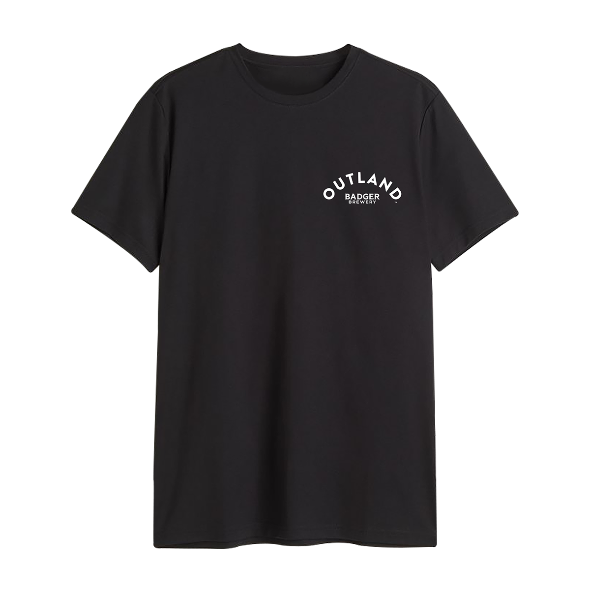 A black short-sleeve crew neck t-shirt with a small white graphic on the left chest reading Outland Badger Brewery