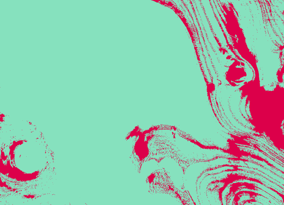 Darkspire abstract graphic print featuring a bold colour-blocked design with a large mint green space and bright magenta abstract marbled and textured pattern on the right and bottom edges.