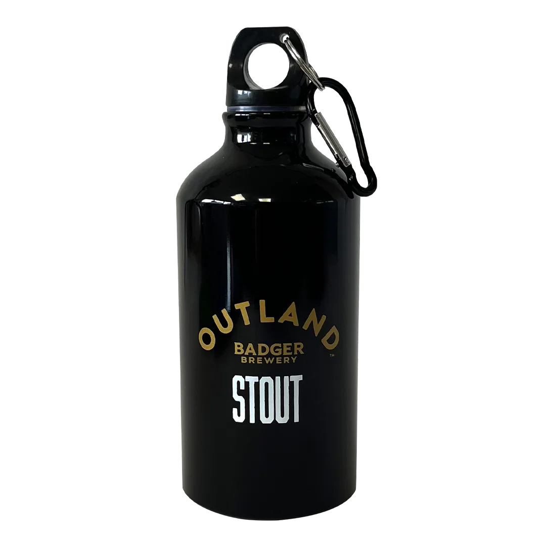 Black 500ml Outland Stout water bottle with a carabiner clip lid