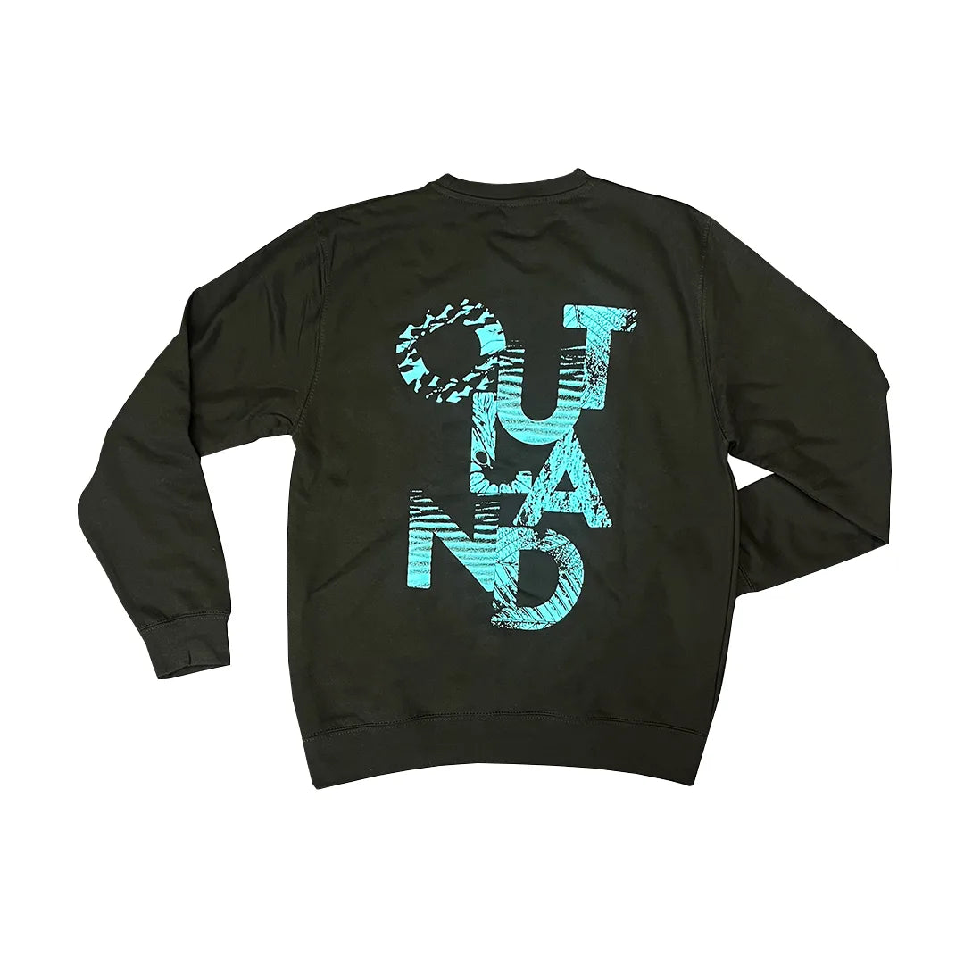 Back of the black Outland sweatshirt with a large blue Outland typographic print