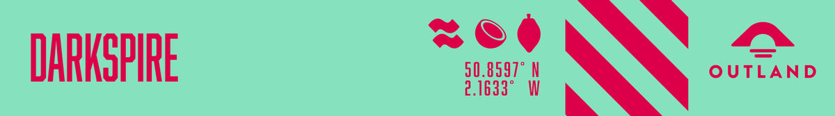 A horizontal graphic banner with a mint green background, featuring the word Darkspire in bold pink text on the left, a smooth wave, coconut and cocoa icon with coordinates under, diagonal pink stripes on the right, and the Outland logo in pink on the far right.