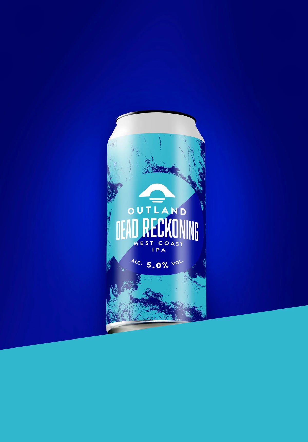 Can of Outland Dead Reckoning West Coast IPA on a blue background