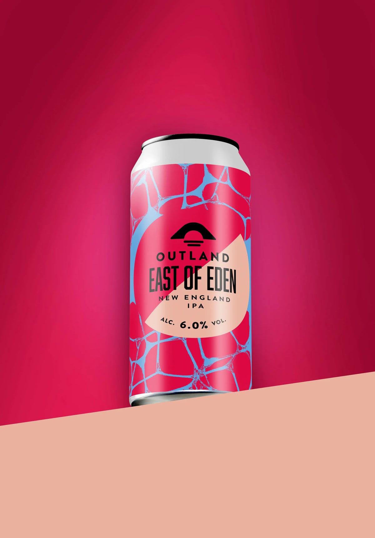 Can of Outland East of Eden New England IPA on a pink and peach background