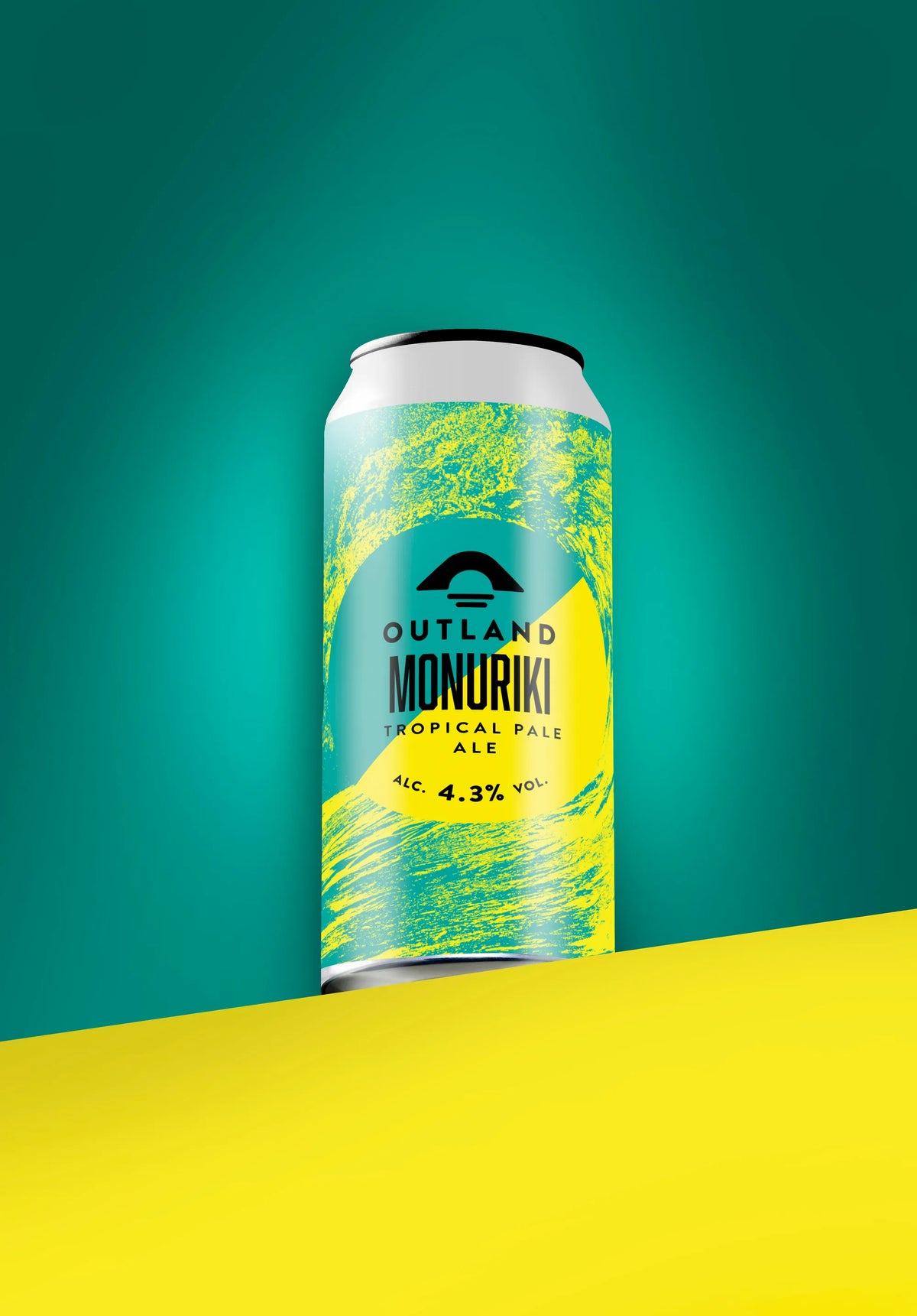 Can of Outland Monuriki tropical pale ale on a teal and yellow background