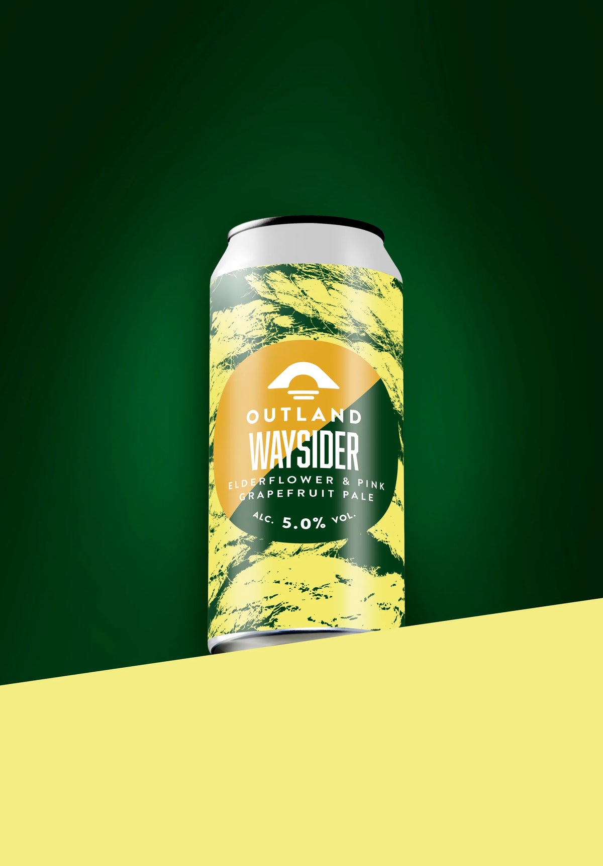 Can of Outland Waysider elderflower and pink grapefruit pale ale on a green background