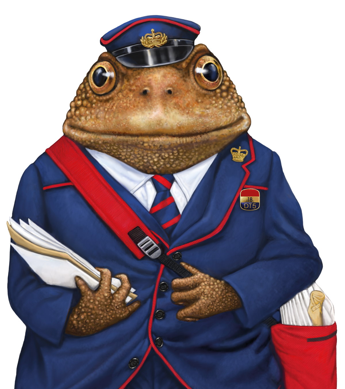 Badger Portland Poster - a stylized toad dressed in a blue postal uniform with red trim, white shirt, striped tie, and a red satchel, holding papers