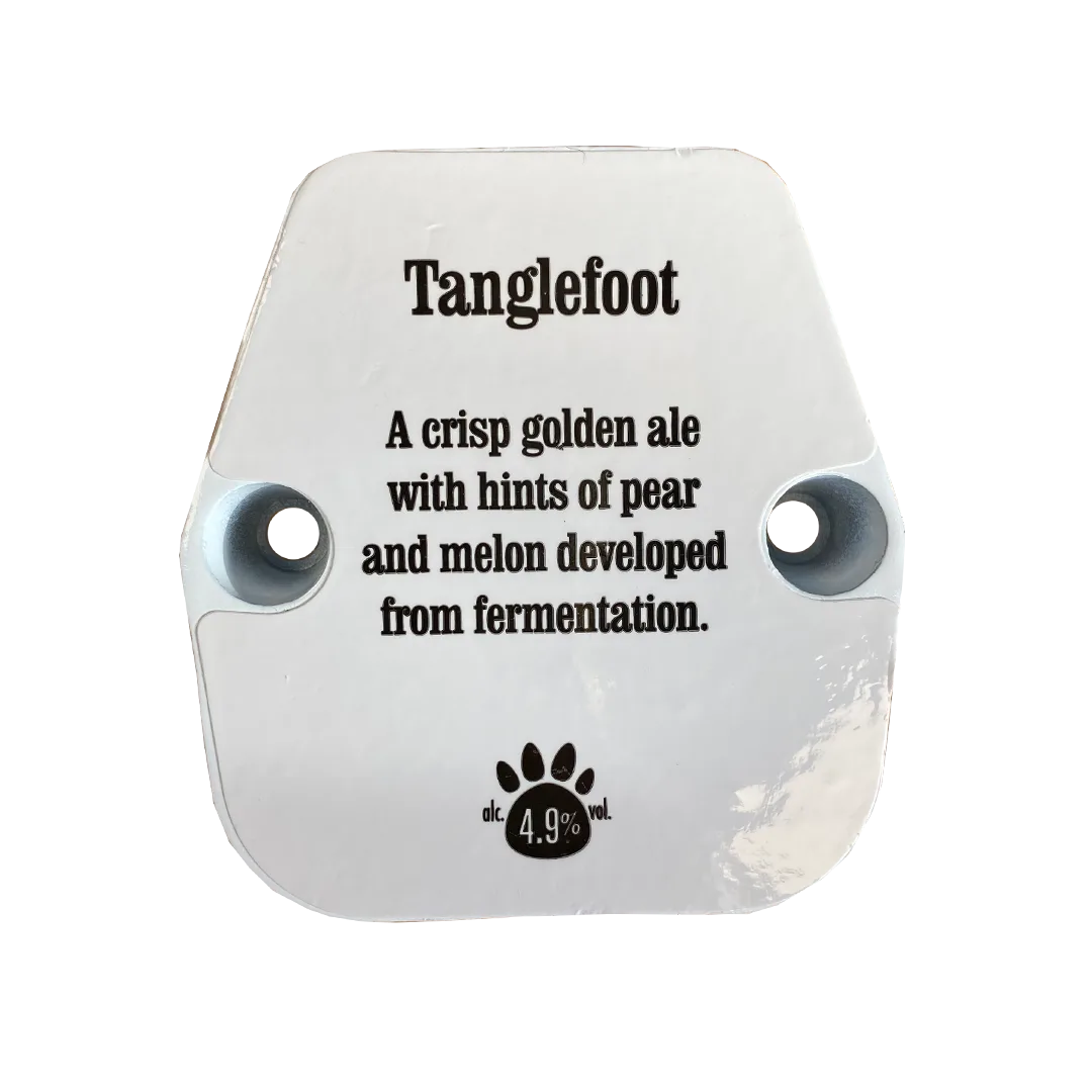 Back of the Tangle Foot pump clip describing a crisp golden ale with pear and melon notes