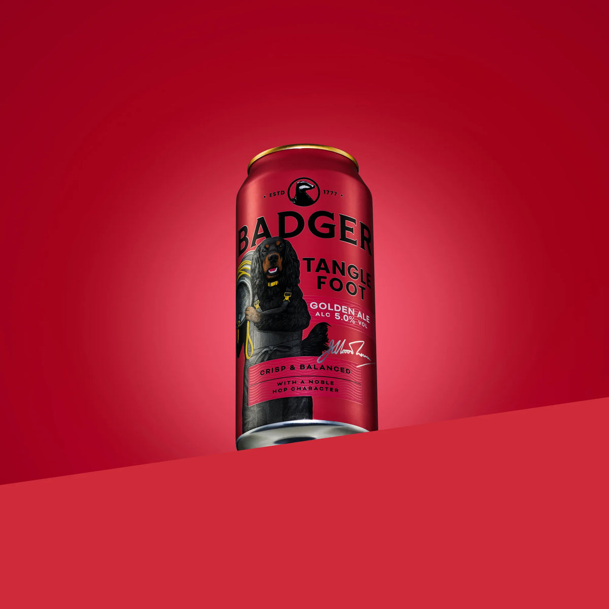 Can of Badger Tangle Foot golden ale on a red background