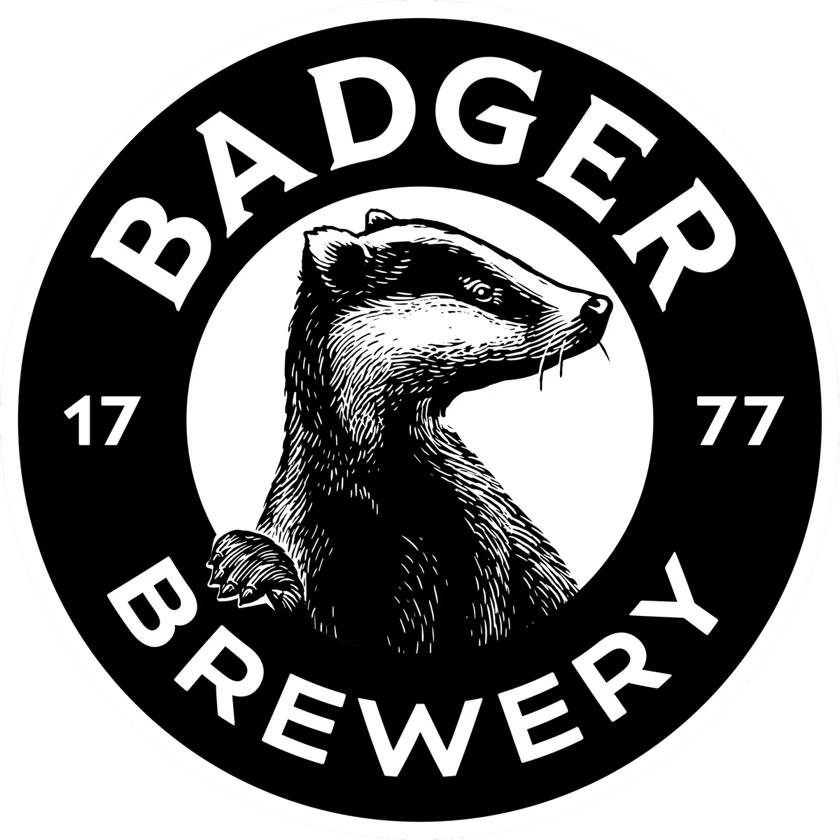 Black and white Badger Brewery roundel logo with a badger and the date 1777