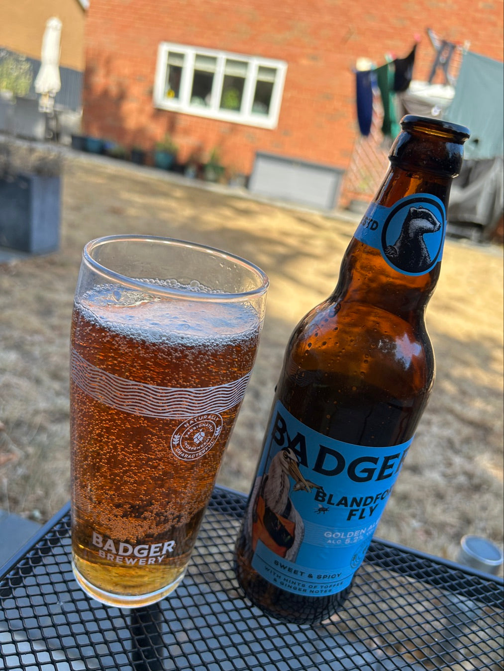 Pint and bottle of Badger ale on a patio table in a garden