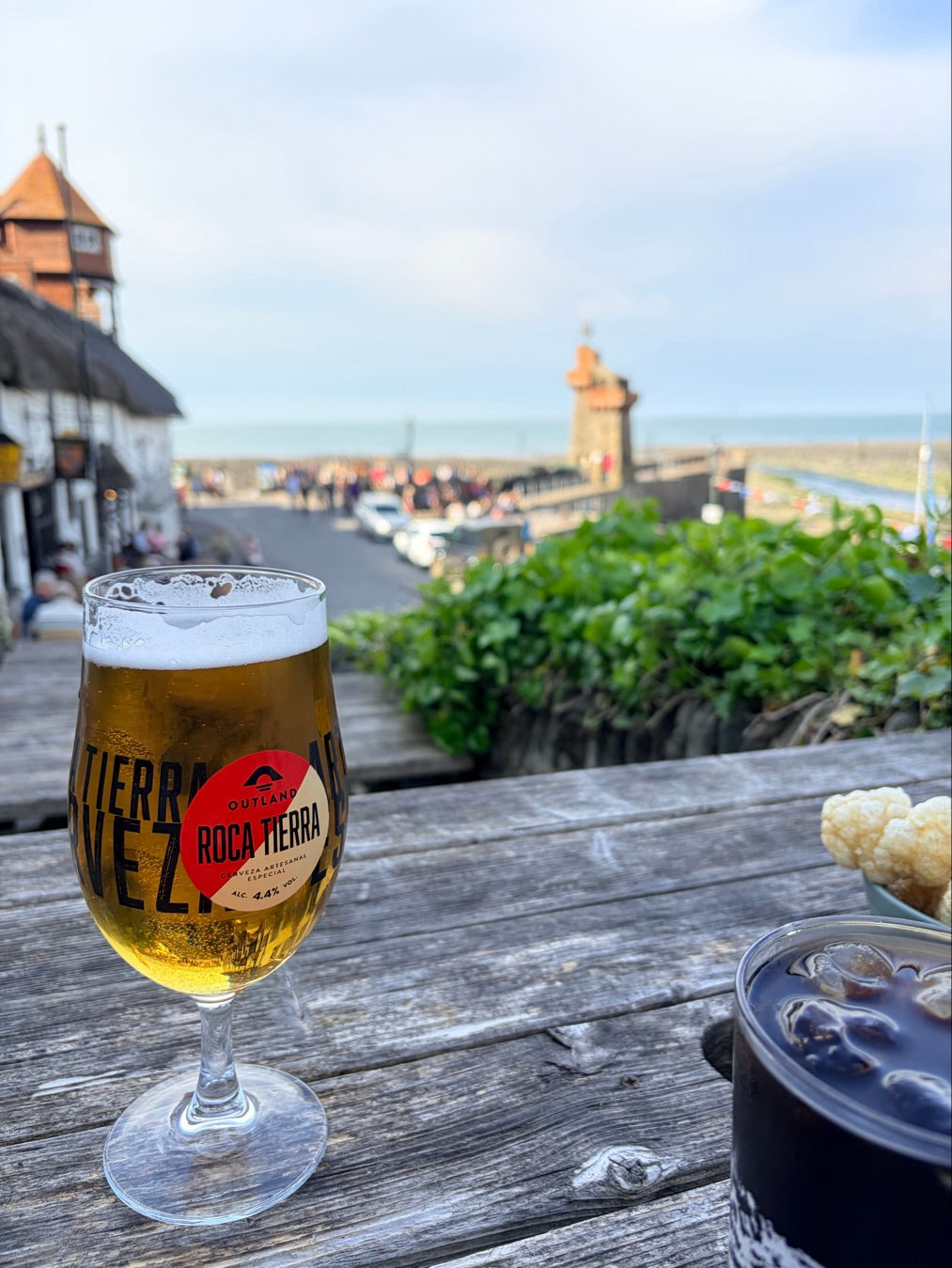 Stemmed glass of Badger beer on a planted rooftop terrace by the sea
