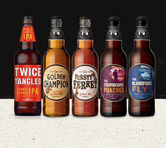 All of the Badger Beers bottle beers that won prizes at the World Beer awards - Twice Tangled, Golden Champion, Fursty Ferret, Cranborne Poacher and Blandford Fly