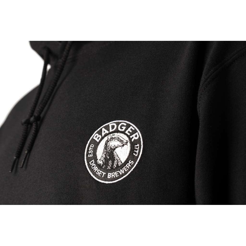 Close up of the Badger Beers logo on the official Badger hoodie for men