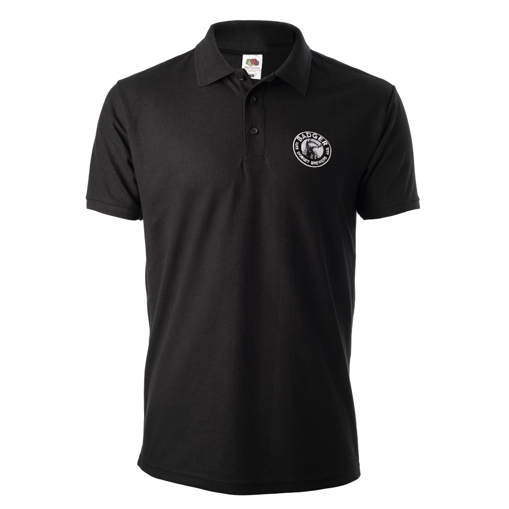 Full frontal view of the official black Badger Polo Top for Men showing the Badger logo and button fastening