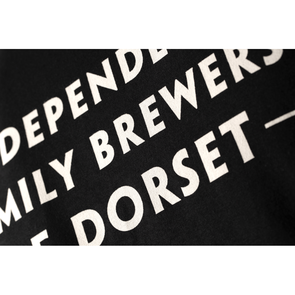 Close up of the Badger Beers official Men's T-Shirt showing the brewery slogan about being an independent brewer in Dorser