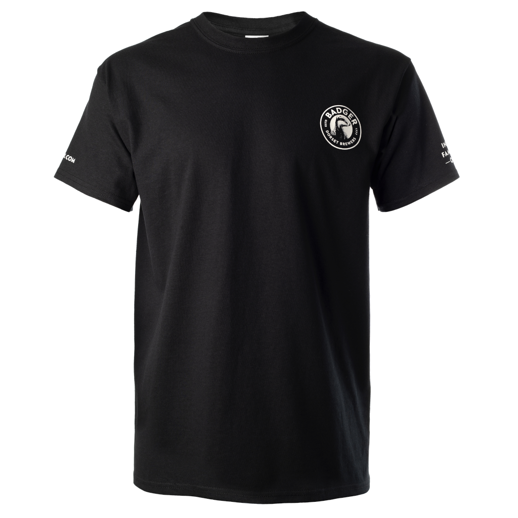 Full frontal view of the black coloured official Badger Beers T-shirt for Men showing the logo on the left of the chest and slogans on each sleeve