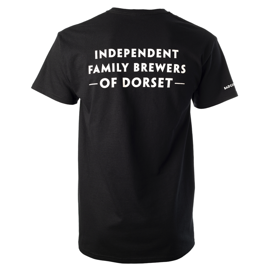 Back view of official Badger Beers t-shirt for men showing the slogan independent family brewers of Dorset across the back