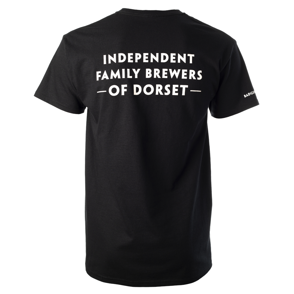 Back view of official Badger Beers t-shirt for men showing the slogan independent family brewers of Dorset across the back