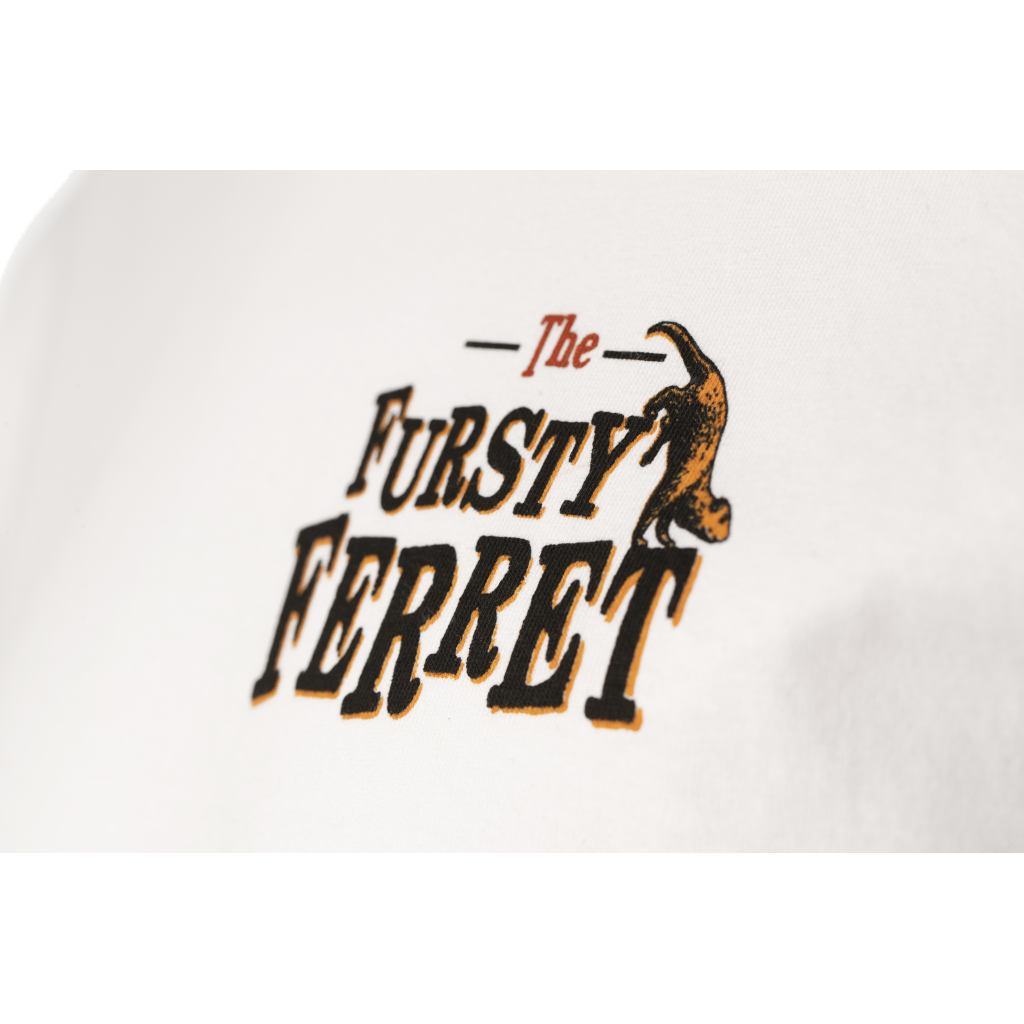 Close Up of The Fursty Ferret Logo Design on White T-Shirt