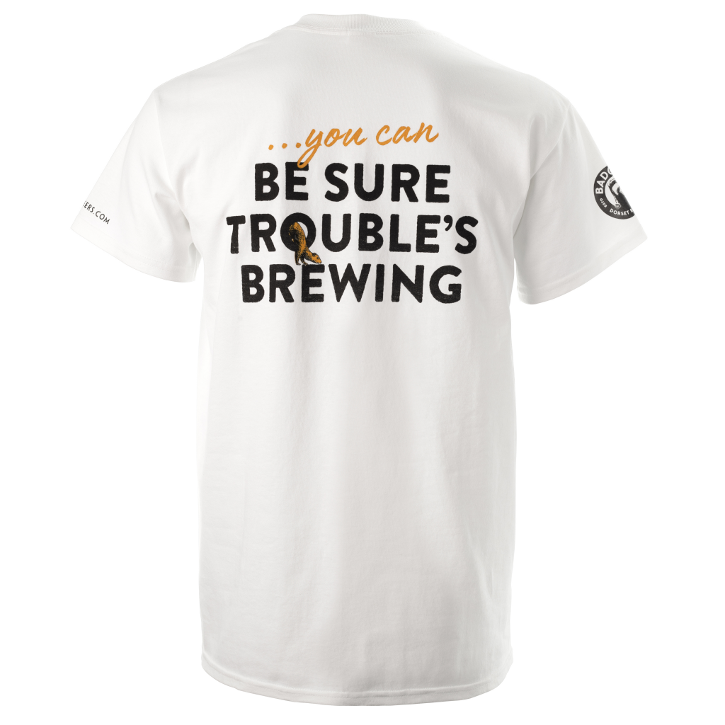 White T-Shirt for Fursty Ferret Beer Lovers with Slogan You Can Be Sure Trouble's Brewing