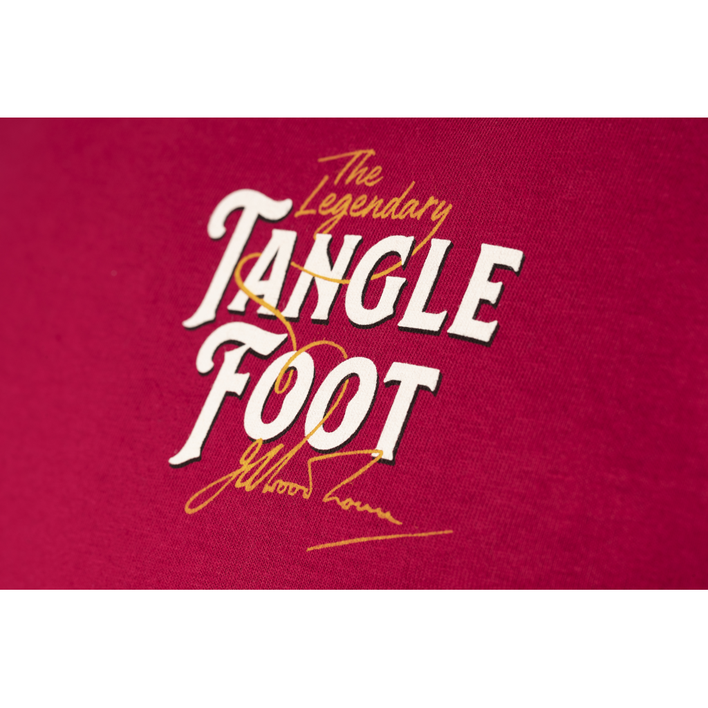 Close Up of Tangle Foot Logo Design on Red Men's T-Shirt