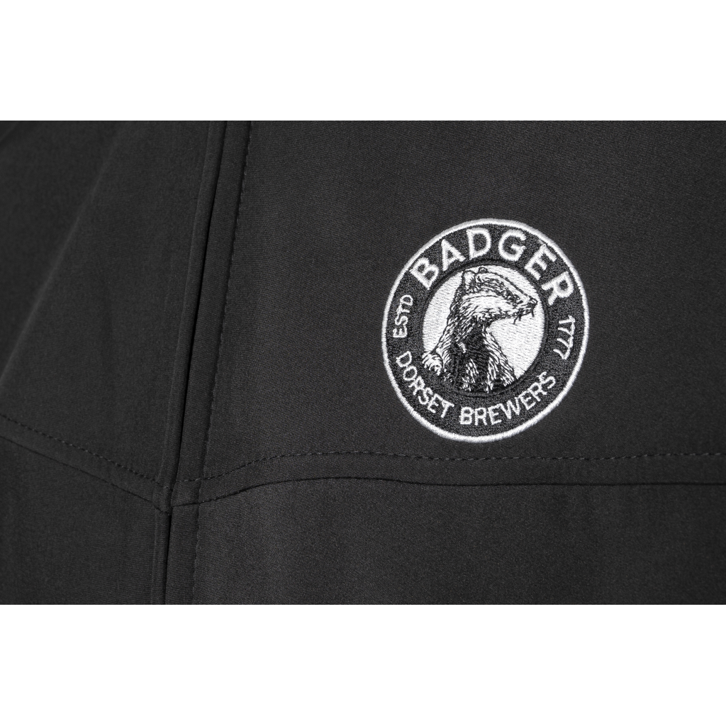 Close up of Badger Beers Logo on Official Black Jacket