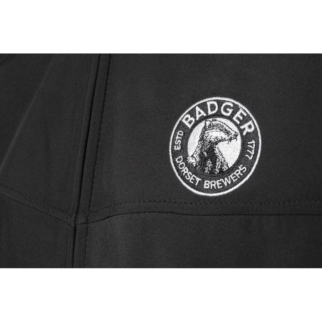 Close up of Badger Beers Logo on Official Black Jacket