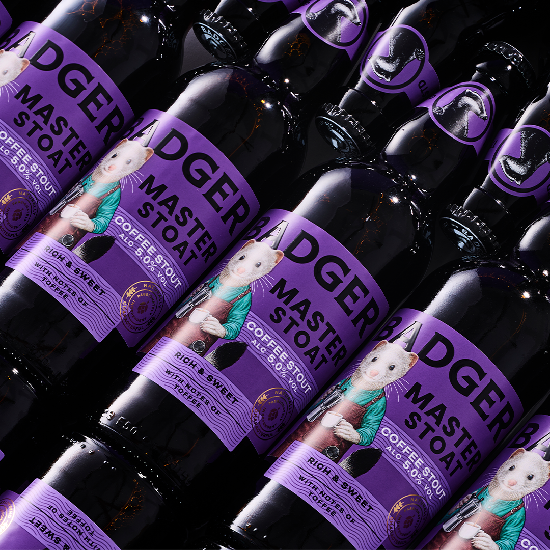 Close-up of multiple bottles of Badger Master Stoat Coffee Stout