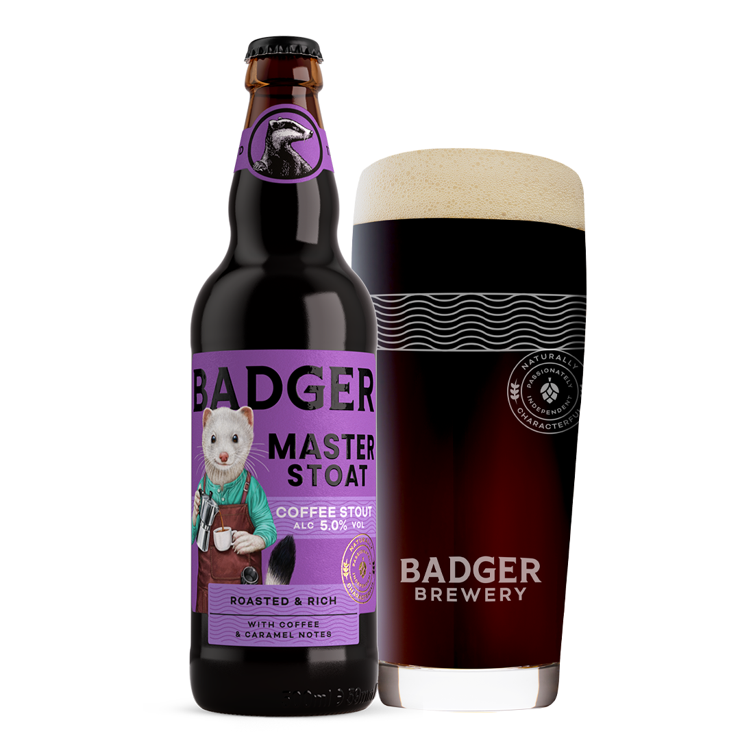 Badger Master Stoat Coffee Stout Bottle and Glass