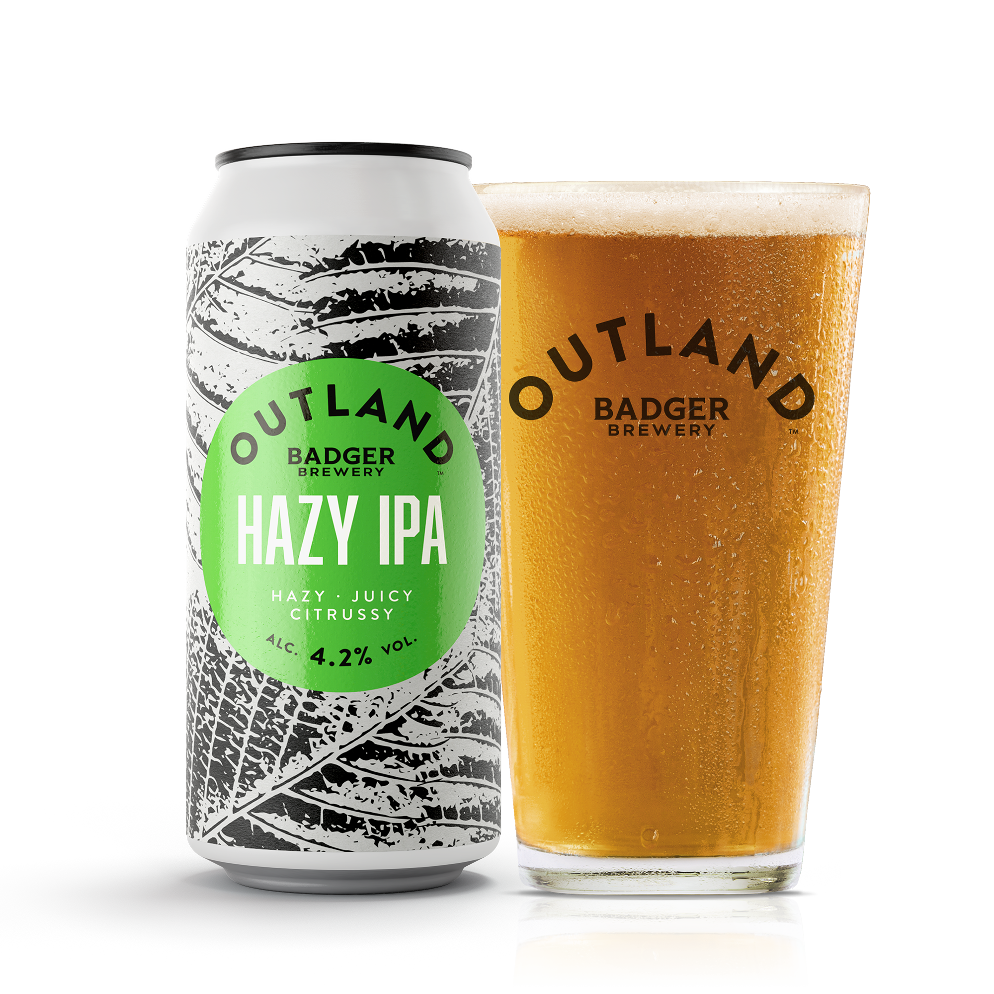 Can and pint of Outland Hazy IPA
